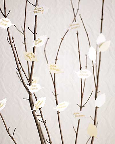 Escort card en ramas de árboles